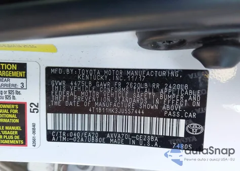 2018 Toyota Camry Se z USA, uszkodzony, nr VIN 4T1B11HK3JU557444